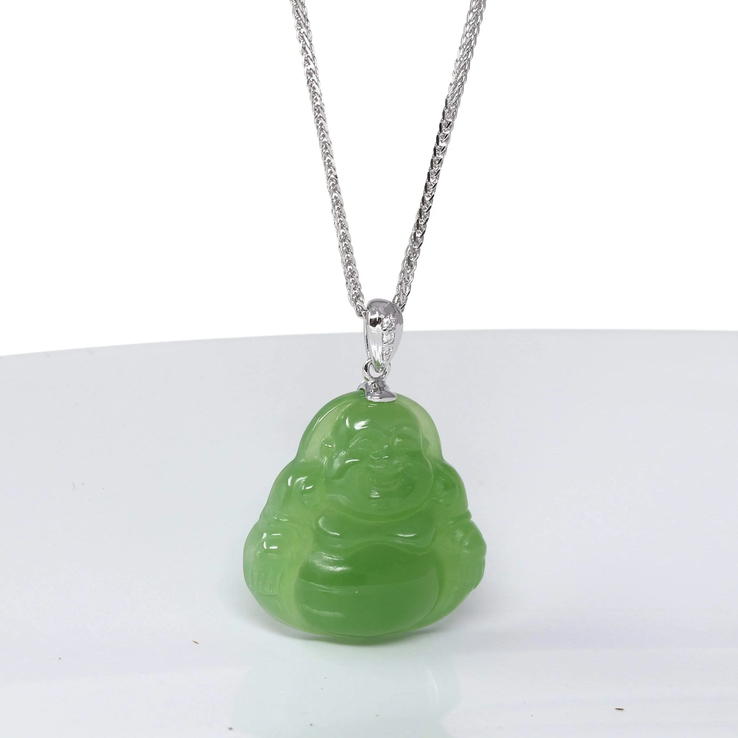 RealJade® "Laughing Buddha" 14k Gold Genuine Nephrite Apple Green Jade Pendant Necklace