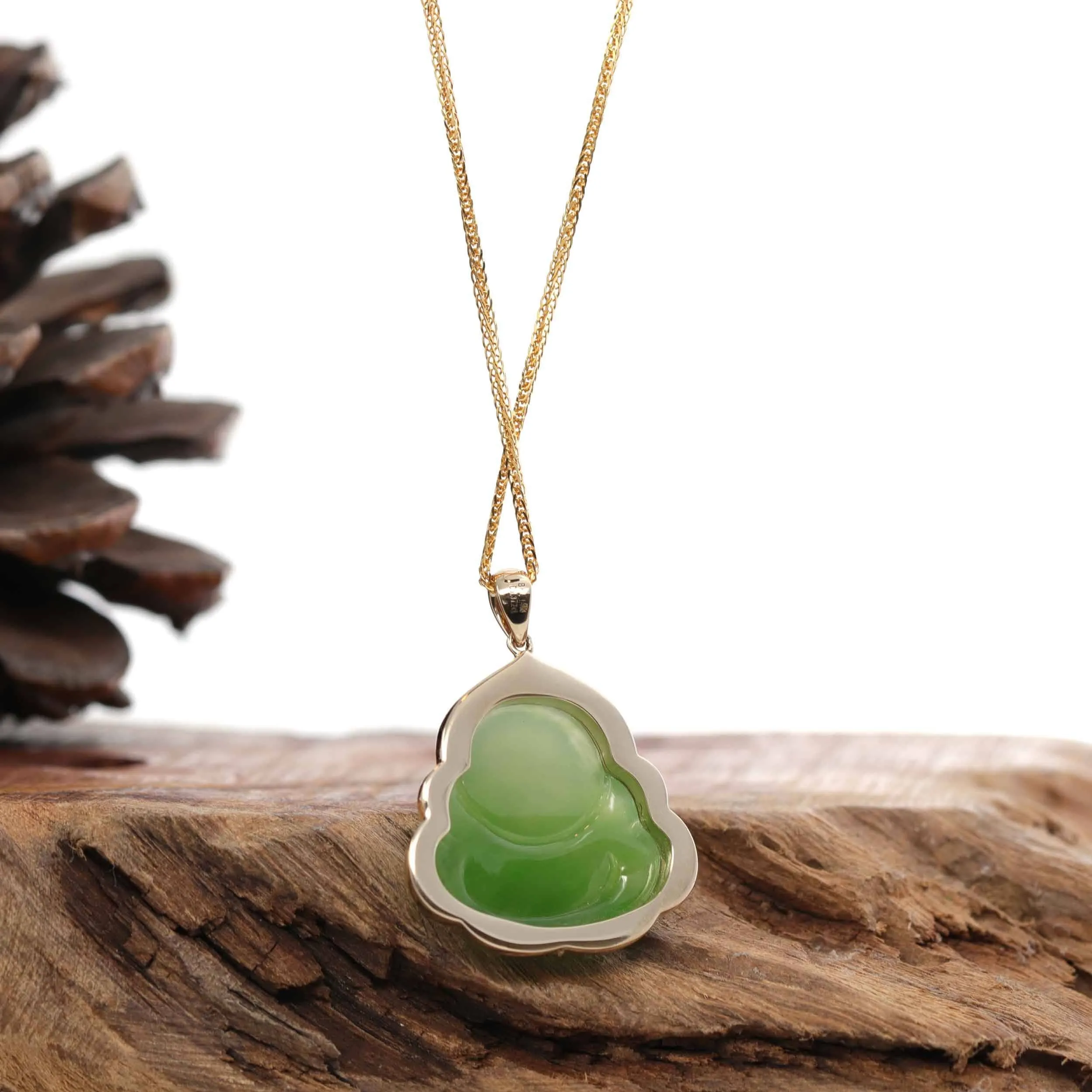 RealJade® "Laughing Buddha" 14k Gold Genuine Nephrite Apple Green Jade with 1/3 cttw VS1 Diamonds