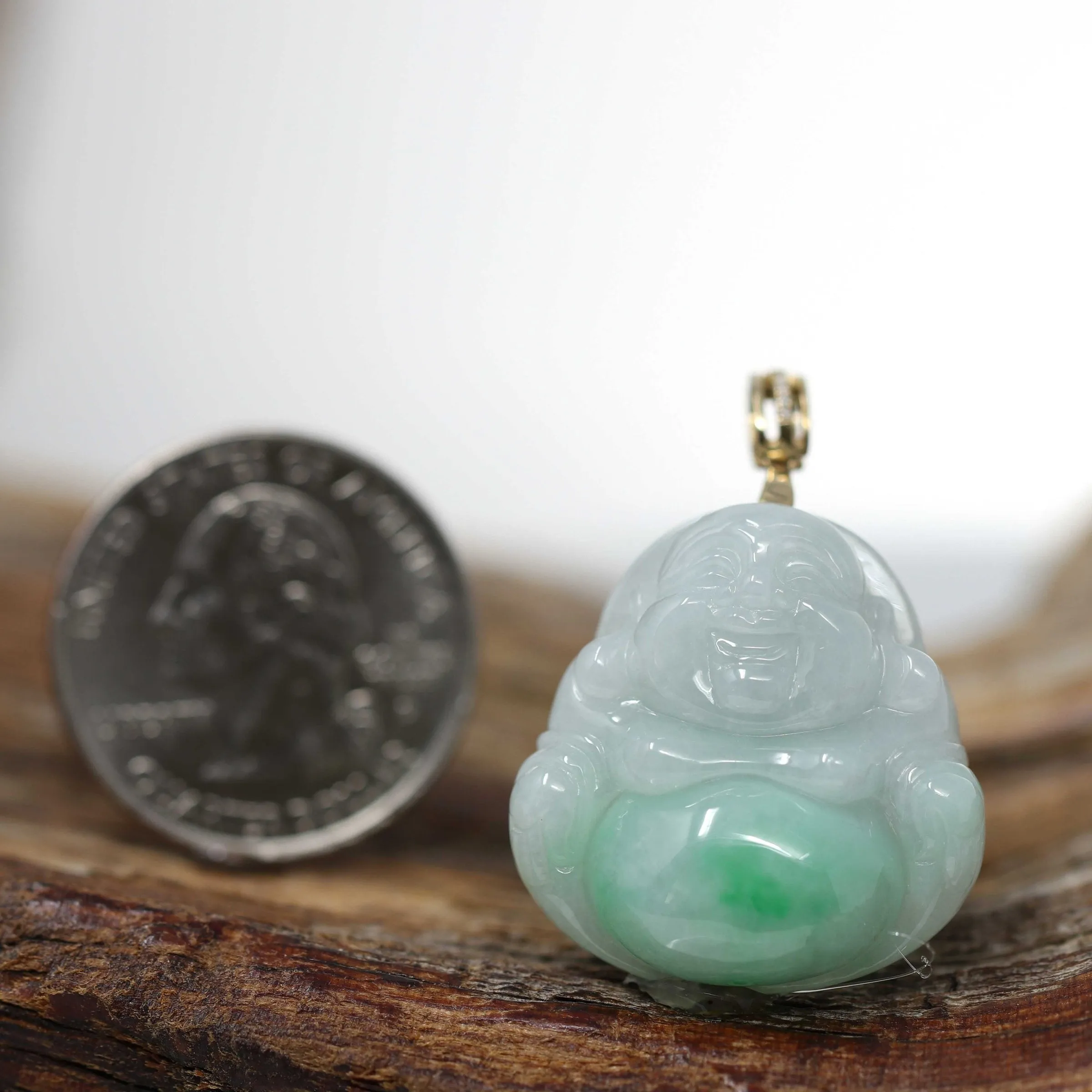 RealJade® "Laughing Buddha" 18k Yellow Gold Genuine Jadeite Jade with Diamond Bail Buddha Pendant Necklace