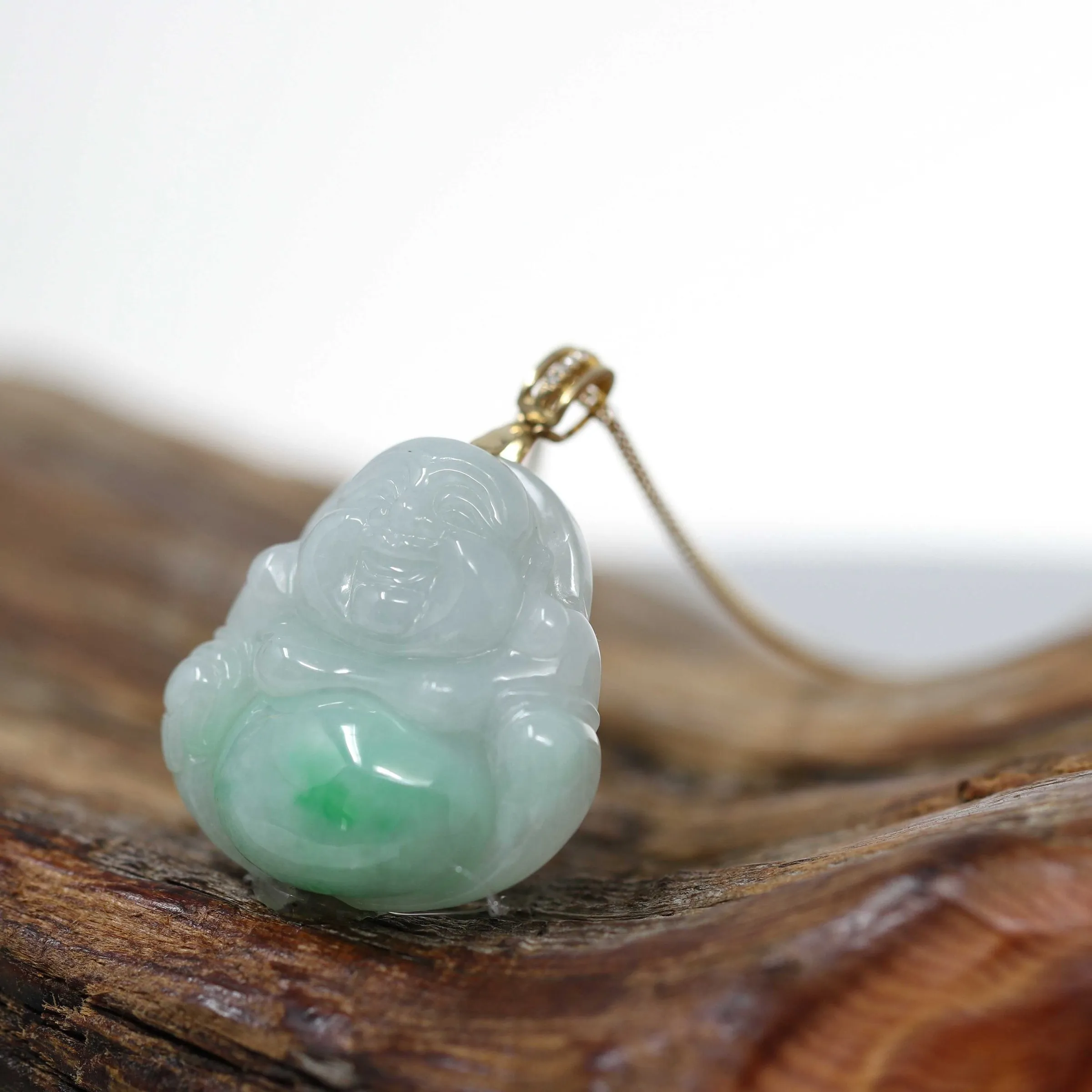 RealJade® "Laughing Buddha" 18k Yellow Gold Genuine Jadeite Jade with Diamond Bail Buddha Pendant Necklace