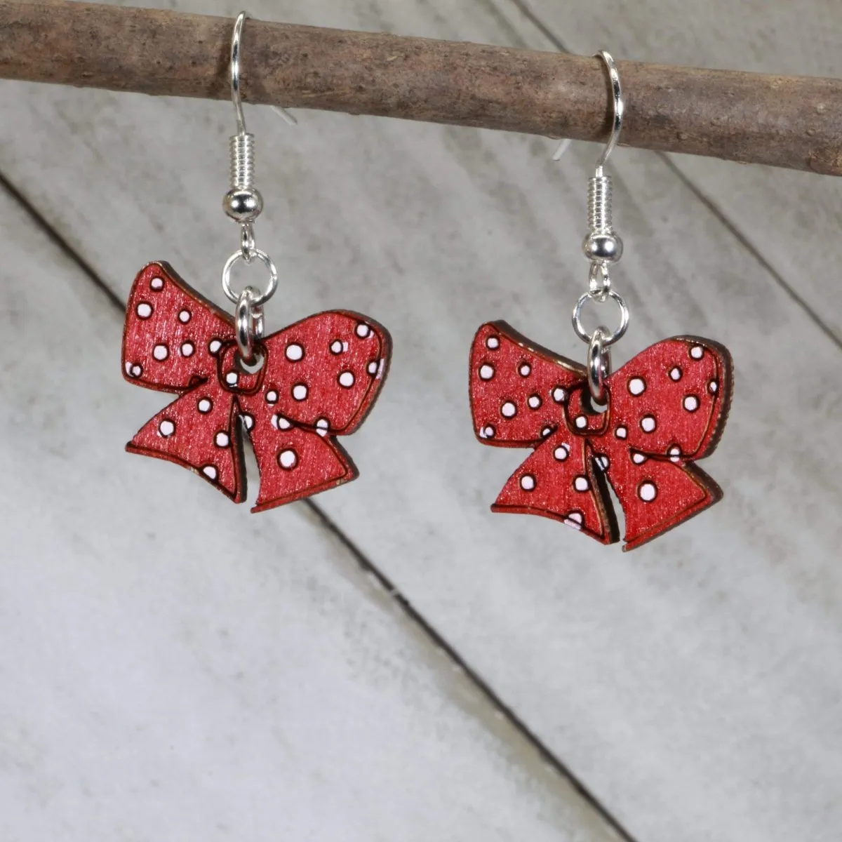 Red Bow Wooden Dangle Earrings by Cate's Concepts, LLC