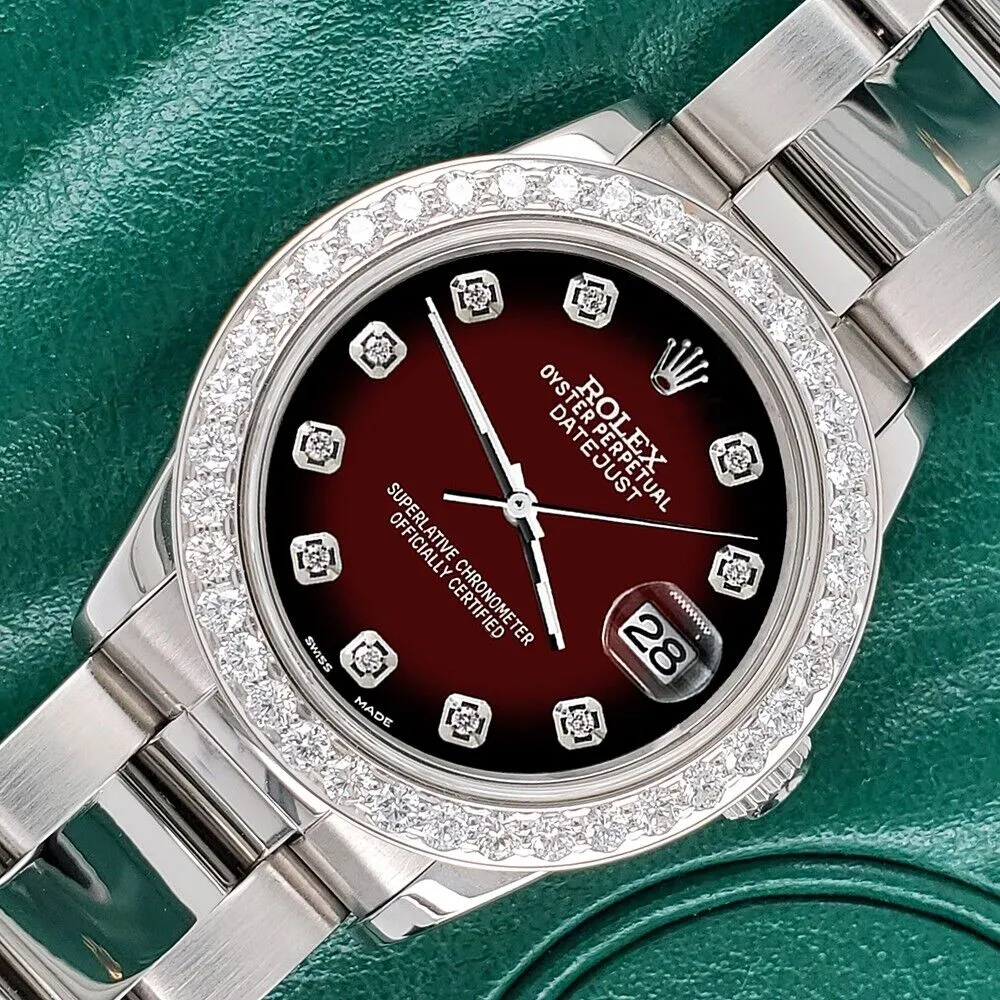 Rolex Datejust Midsize 31mm 1.52ct Bezel/Maroon Vignette Dial Steel Oyster Watch TFJ-142507874