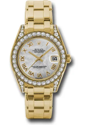 Rolex Yellow Gold Datejust Pearlmaster 34 Watch - 34 Diamond Bezel - White Mother-Of-Pearl Roman Dial - 81158 mr