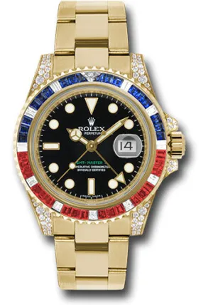 Rolex Yellow Gold GMT-Master II 40 Watch - Sapphire Ruby Diamond Bezel - Black Dial - Oyster Bracelet - 116758SARU