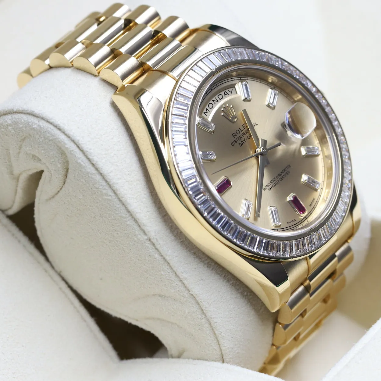 Rolex<br>218398BR Day-Date II Ruby Dial Diamond Bezel