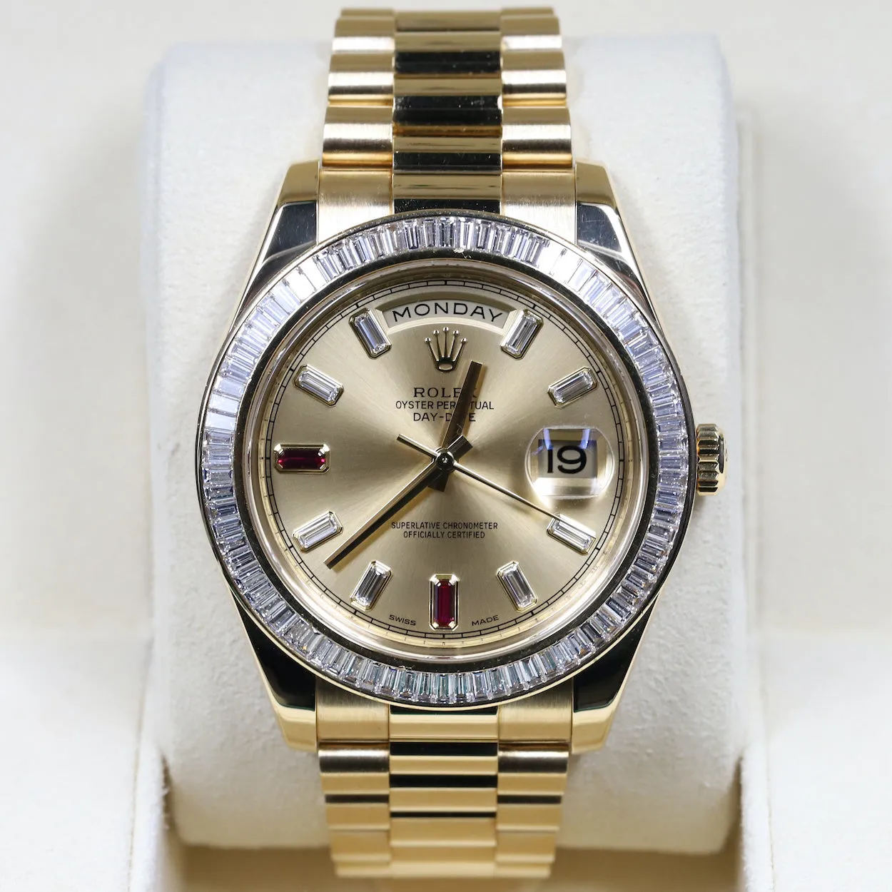 Rolex<br>218398BR Day-Date II Ruby Dial Diamond Bezel