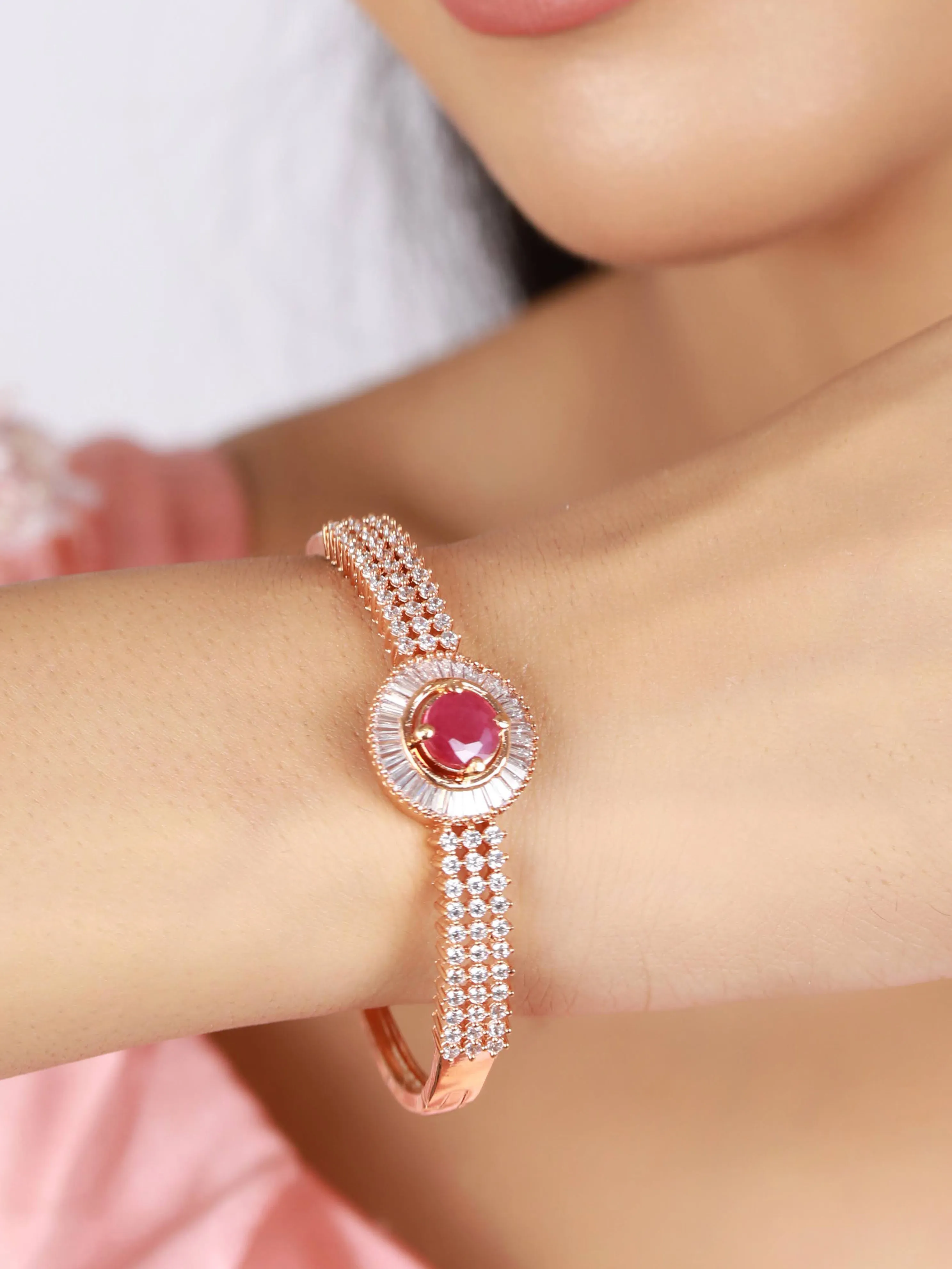 Rose Gold Plated American Diamond Ruby Studded Round Shaped Elegant Bracelet