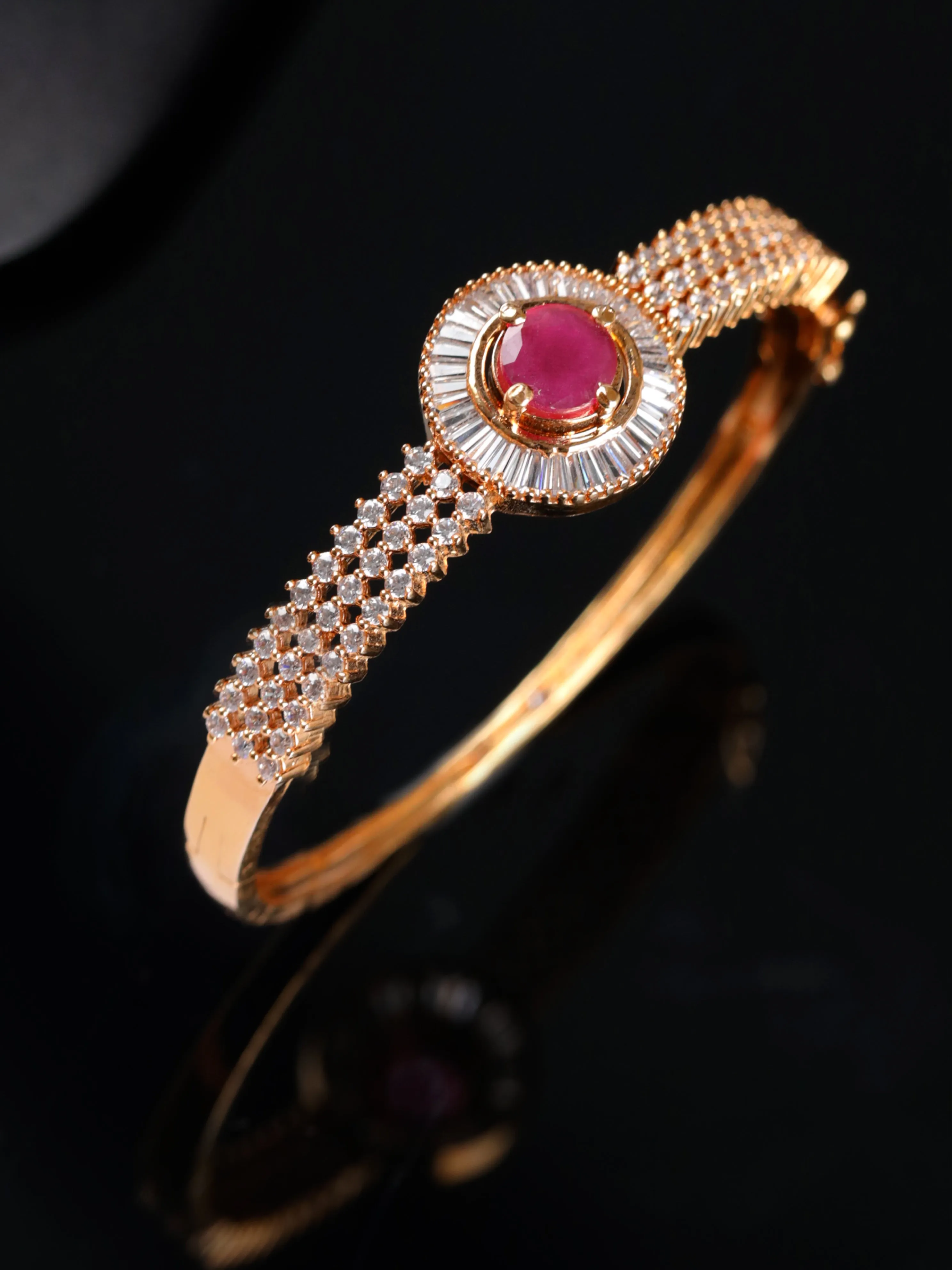 Rose Gold Plated American Diamond Ruby Studded Round Shaped Elegant Bracelet