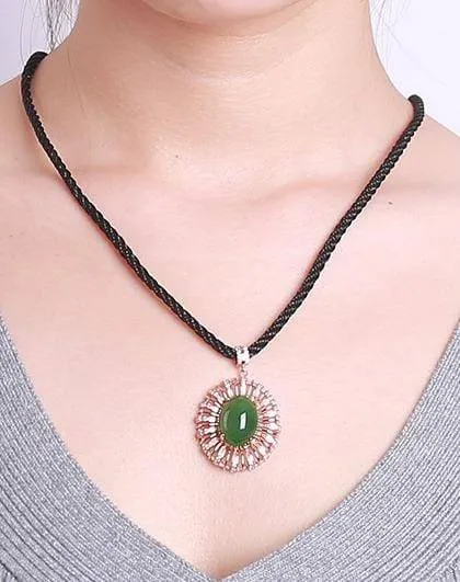 Rose Gold Plated Sterling Silver Genuine Green Nephrite Jade Necklace Pendant