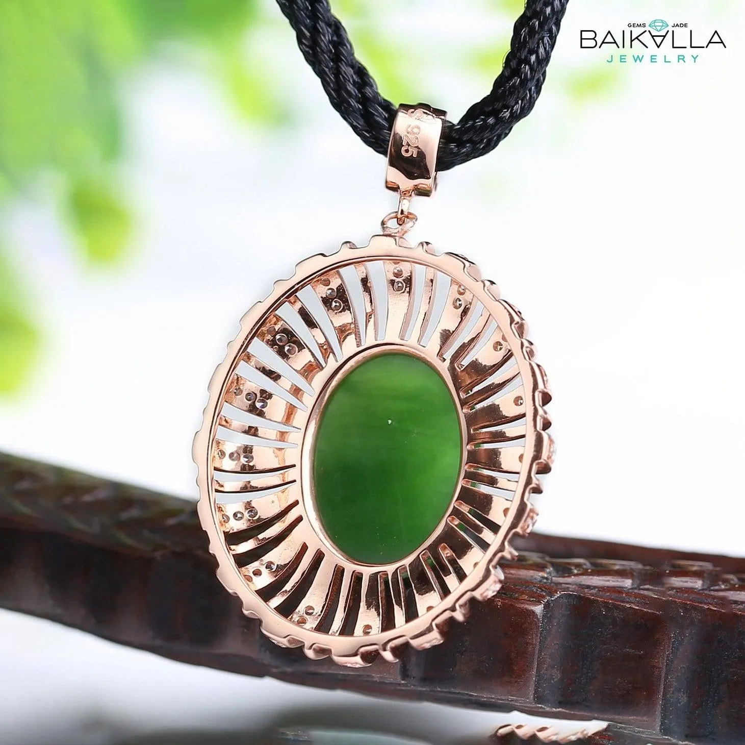 Rose Gold Plated Sterling Silver Genuine Green Nephrite Jade Necklace Pendant