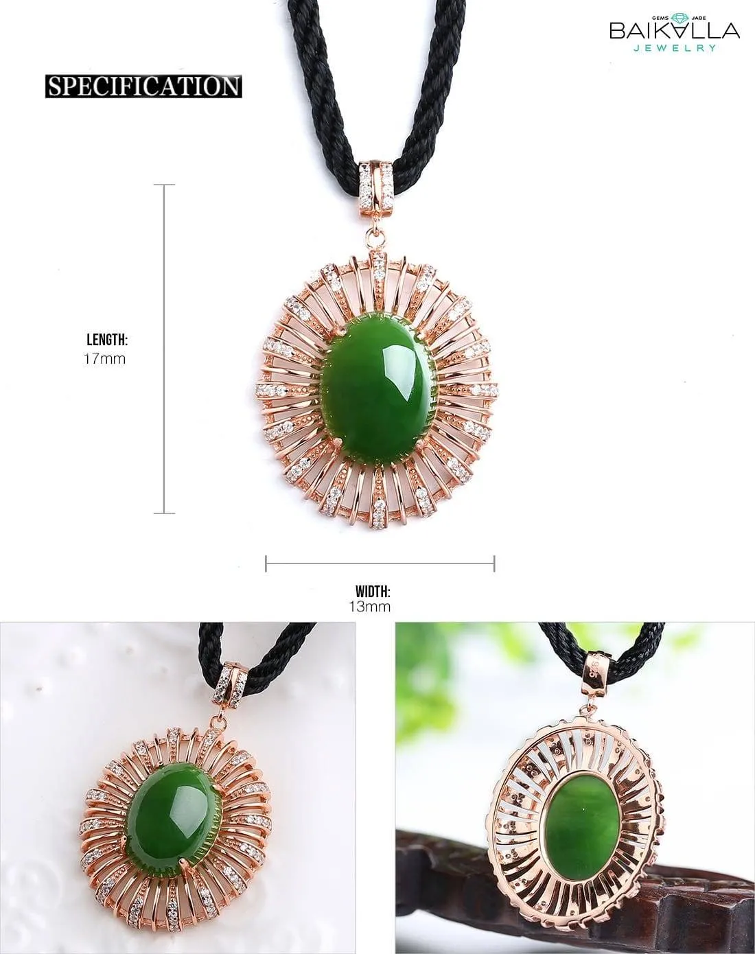 Rose Gold Plated Sterling Silver Genuine Green Nephrite Jade Necklace Pendant