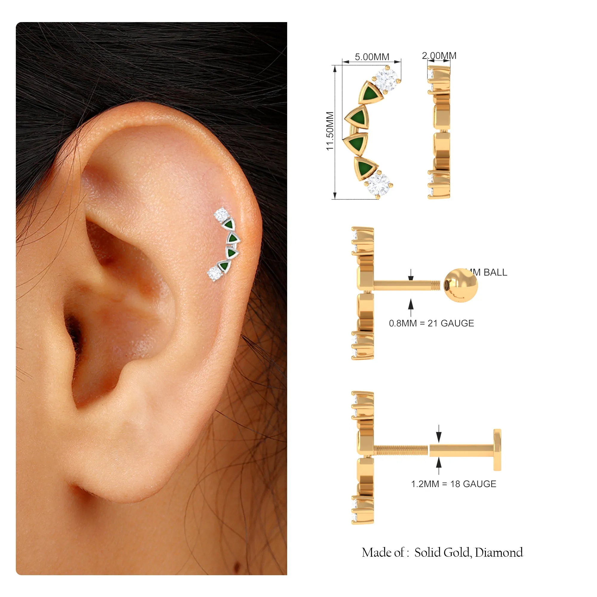 Round Cut Diamond Crawler Helix Earring with Green Enamel