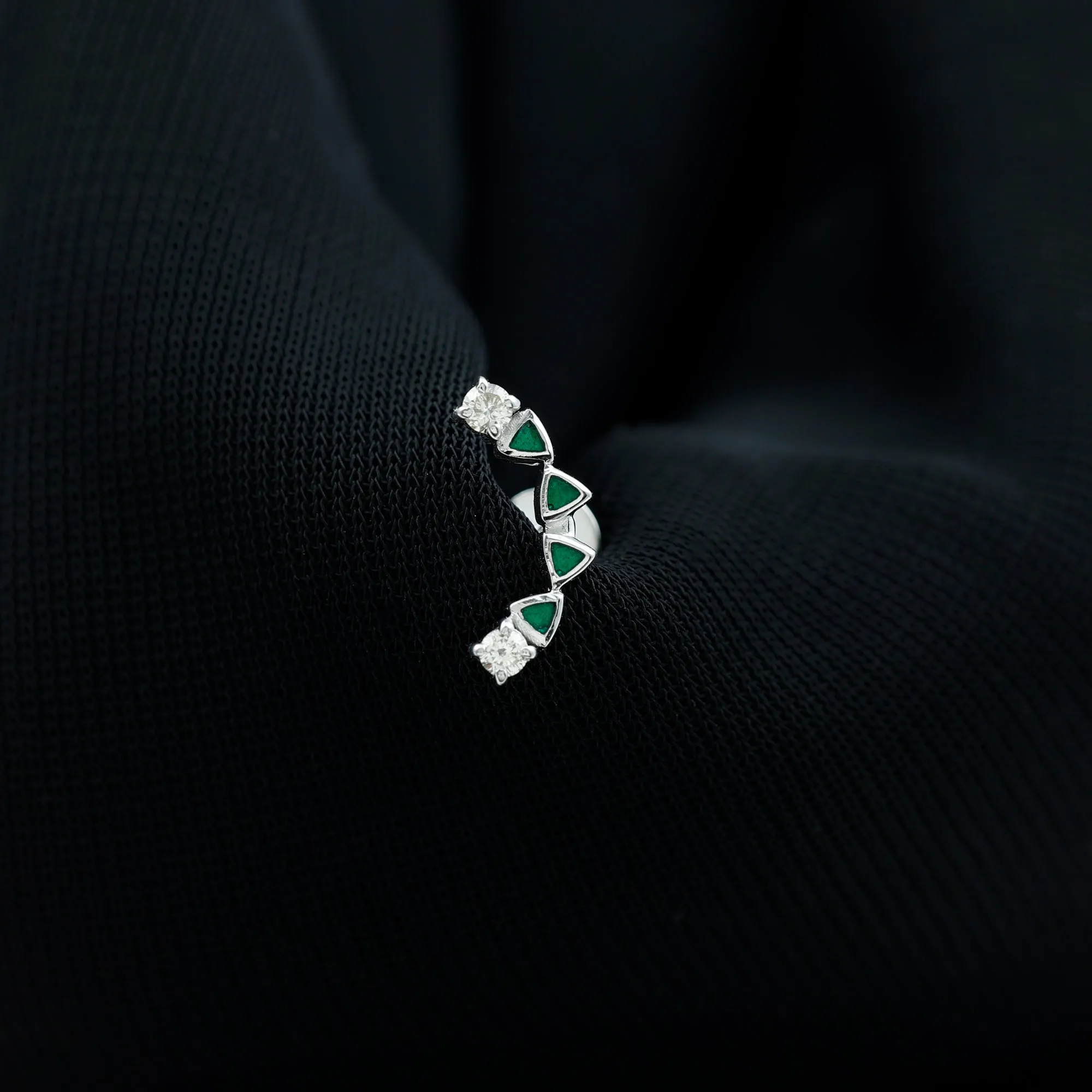 Round Cut Diamond Crawler Helix Earring with Green Enamel