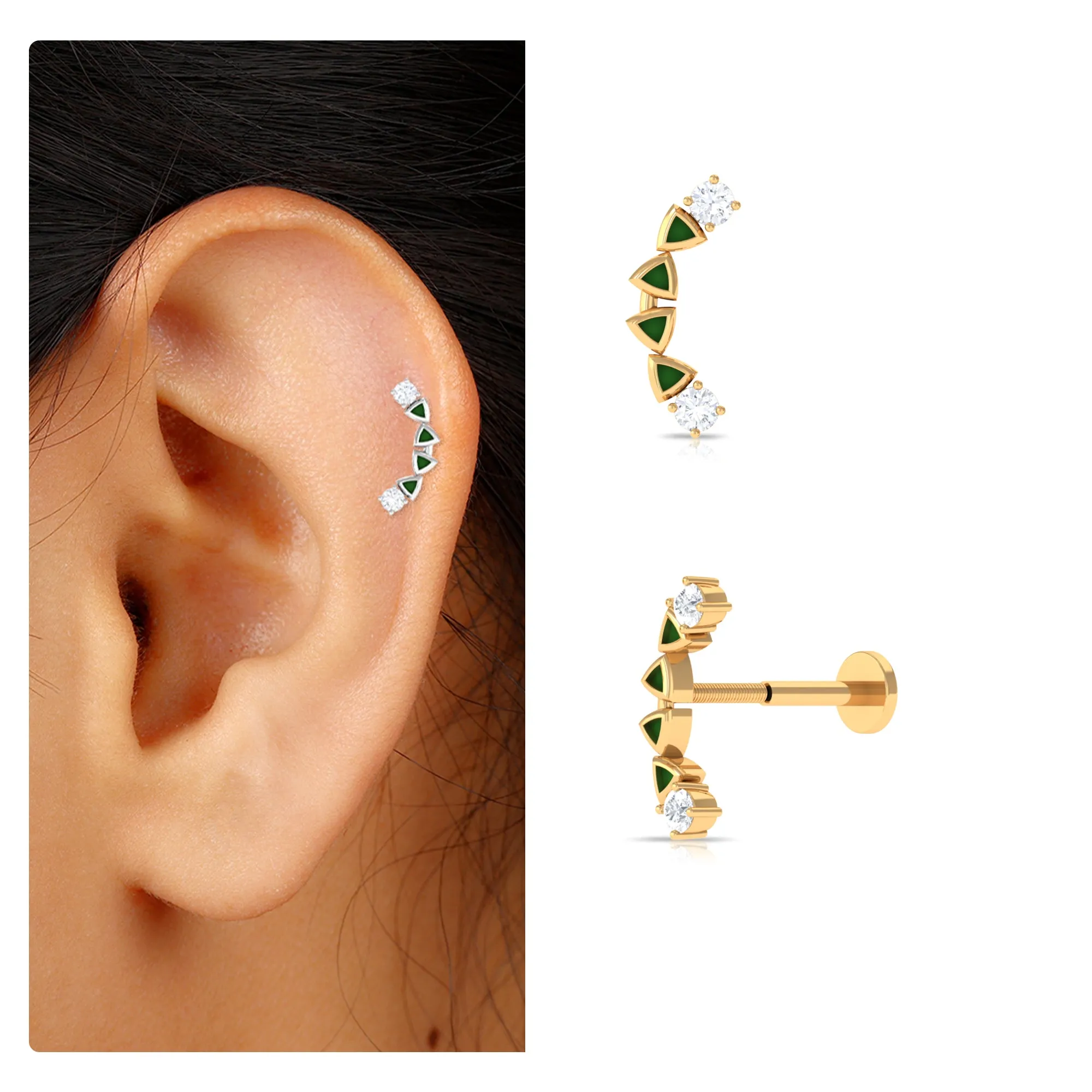 Round Cut Diamond Crawler Helix Earring with Green Enamel