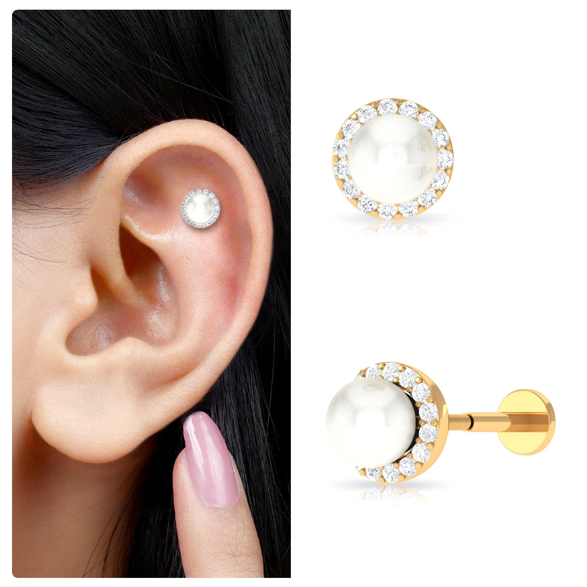 Round Freshwater Pearl and Moissanite Halo Cartilage Earring