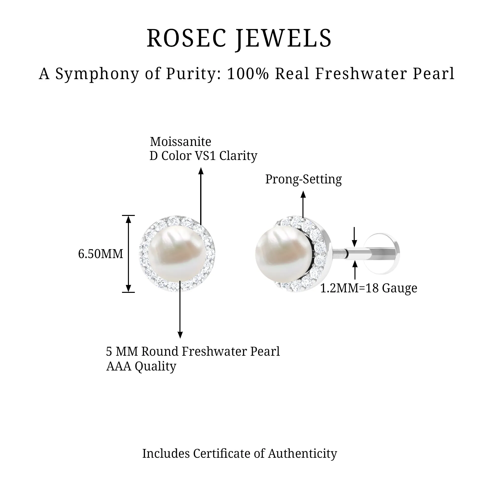 Round Freshwater Pearl and Moissanite Halo Cartilage Earring