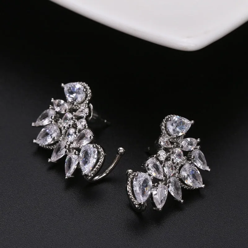 Shimmering Leaf-shaped Zircon Adorned Stud Earrings