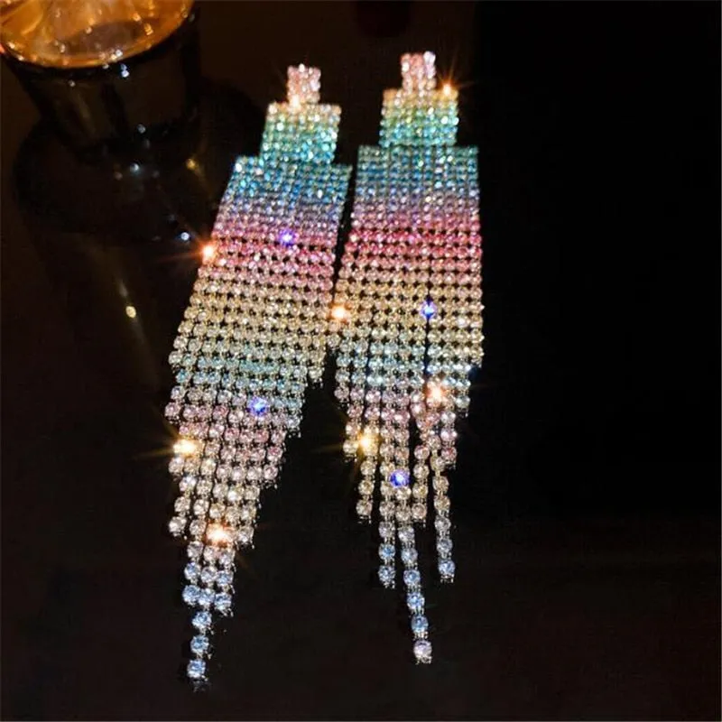 Shiny Rainbow Color Crystal Earrings for Women Long Tassel Rhinestone Dangle Earrings