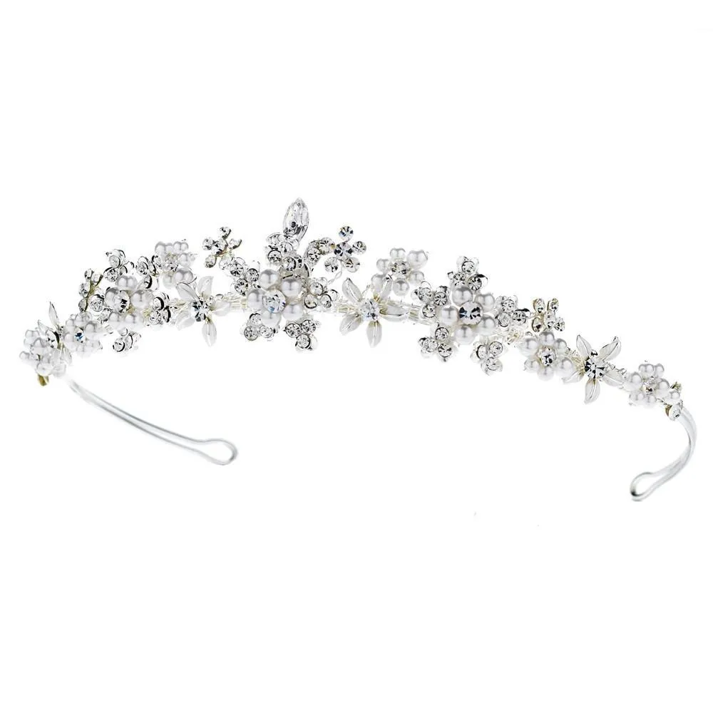 Silver & White Pearl Floral Bridal Tiara