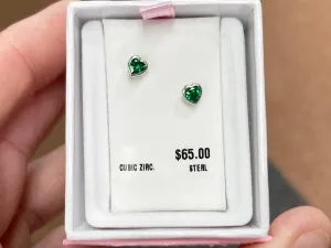 Silver Baby Earrings Heart Shaped Green Cubic Zirconia