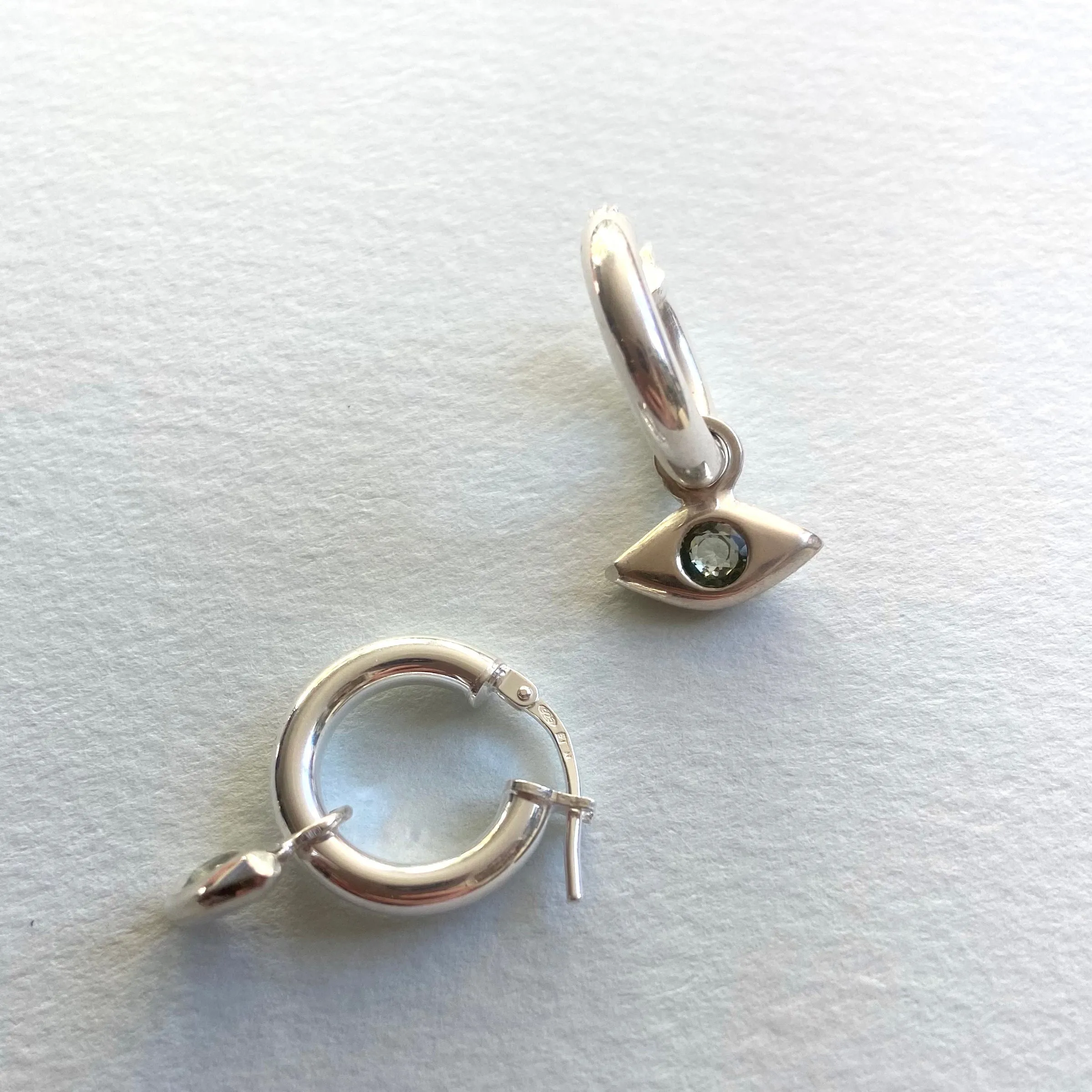 Silver Emerald Evil Eye Hoop Earrings