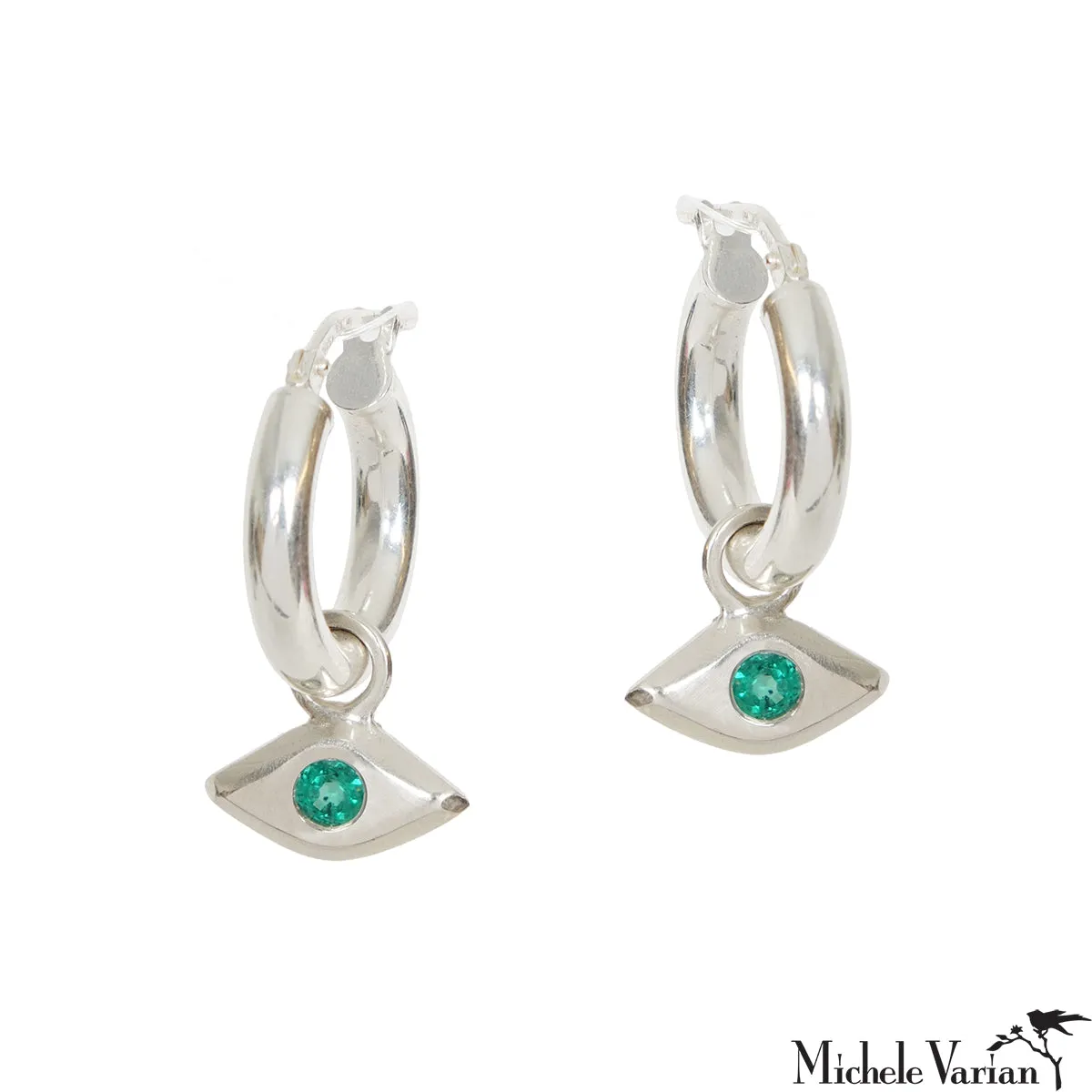 Silver Emerald Evil Eye Hoop Earrings