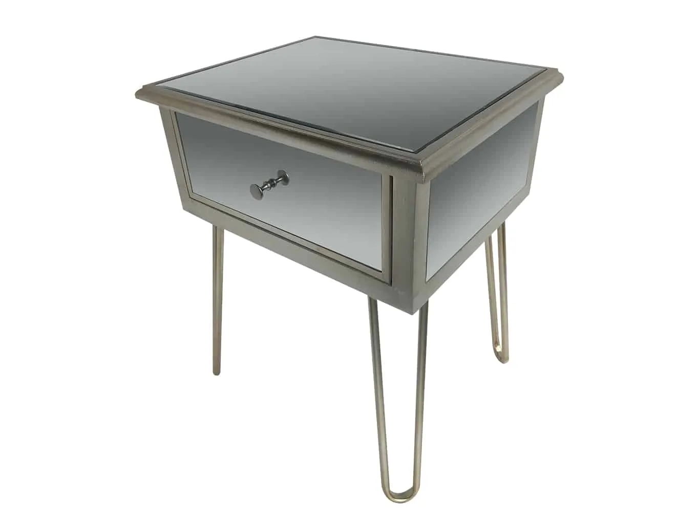 Silver Mirrored Bedside Table » Hairpin legs