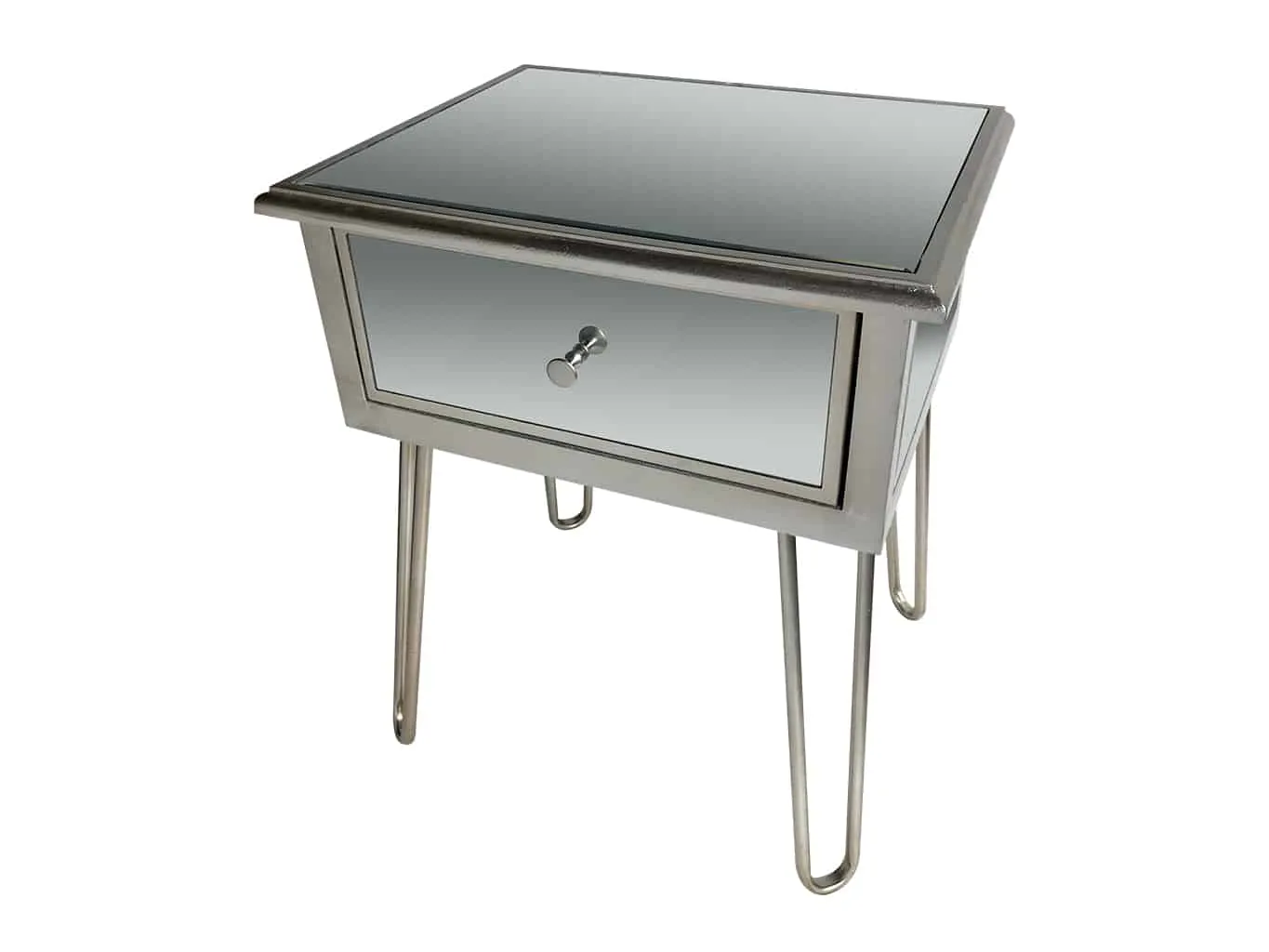 Silver Mirrored Bedside Table » Hairpin legs