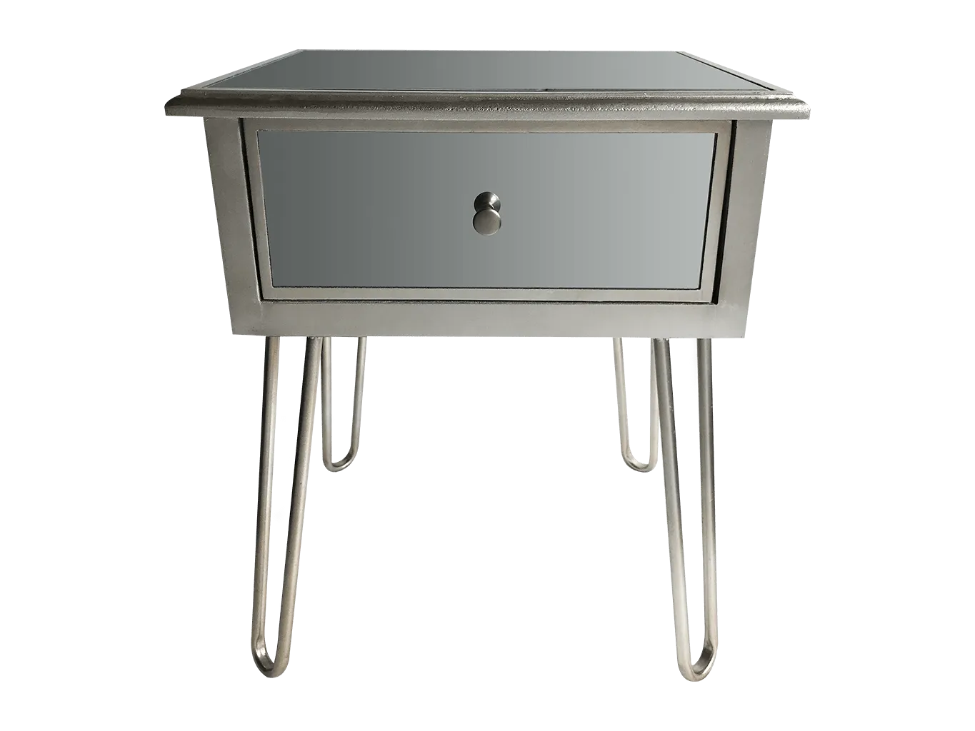 Silver Mirrored Bedside Table » Hairpin legs