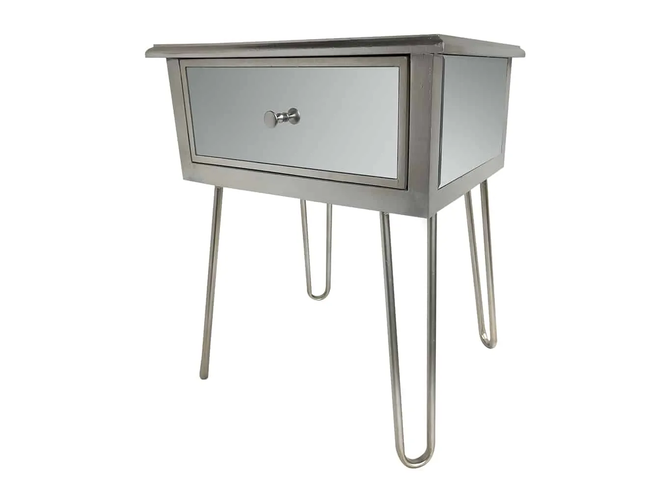 Silver Mirrored Bedside Table » Hairpin legs