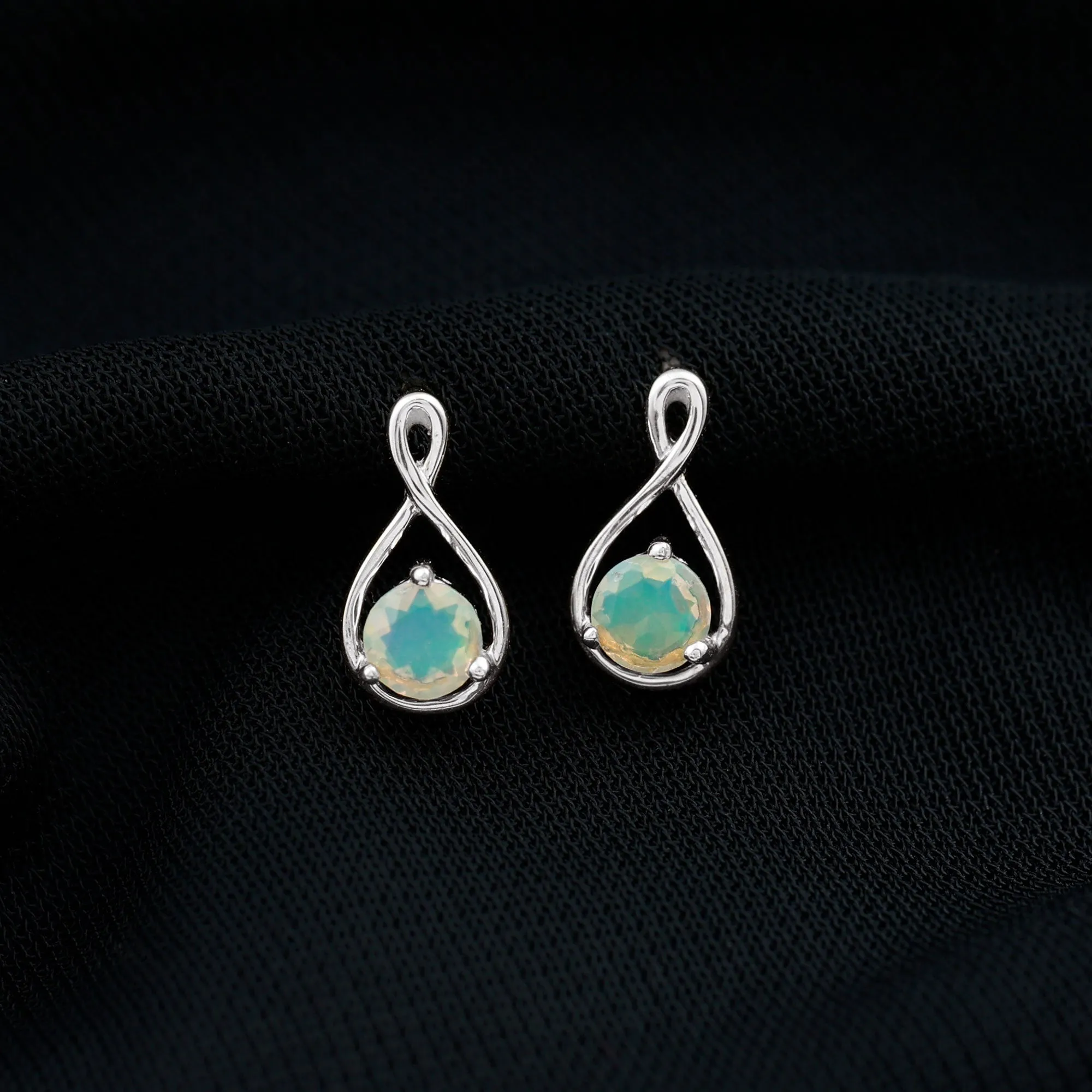 Simple Ethiopian Opal Solitaire Infinity Stud Earrings