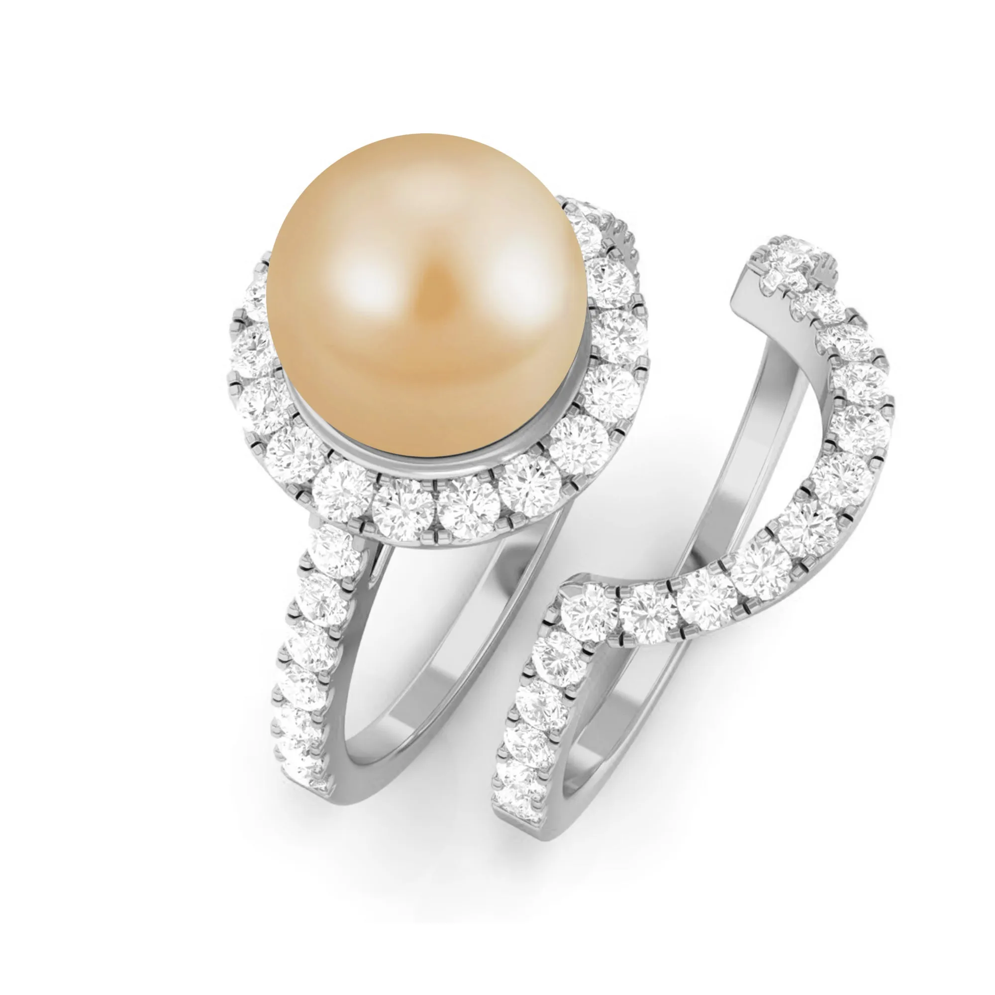 South Sea Pearl and Diamond Halo Wedding Ring Set