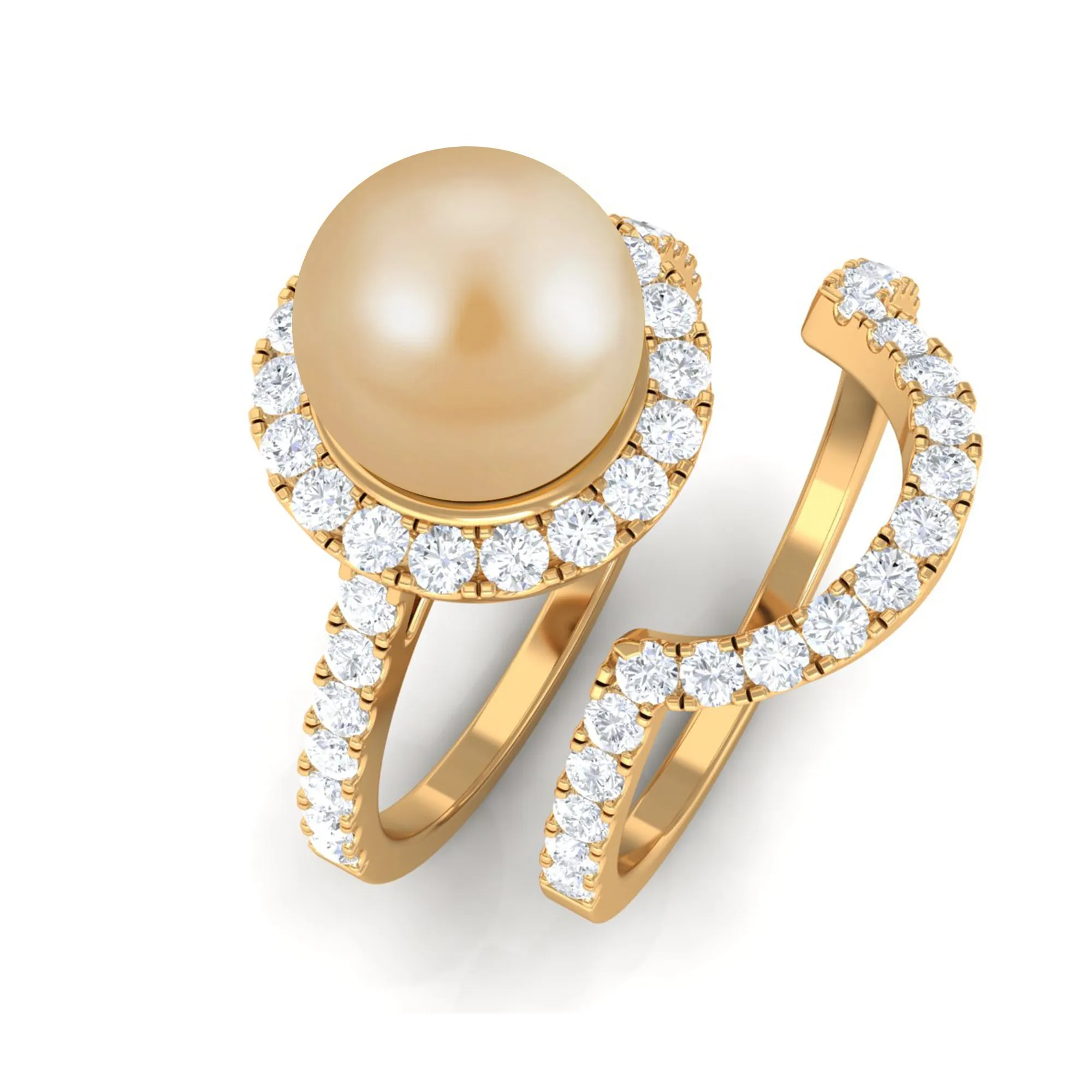 South Sea Pearl and Diamond Halo Wedding Ring Set