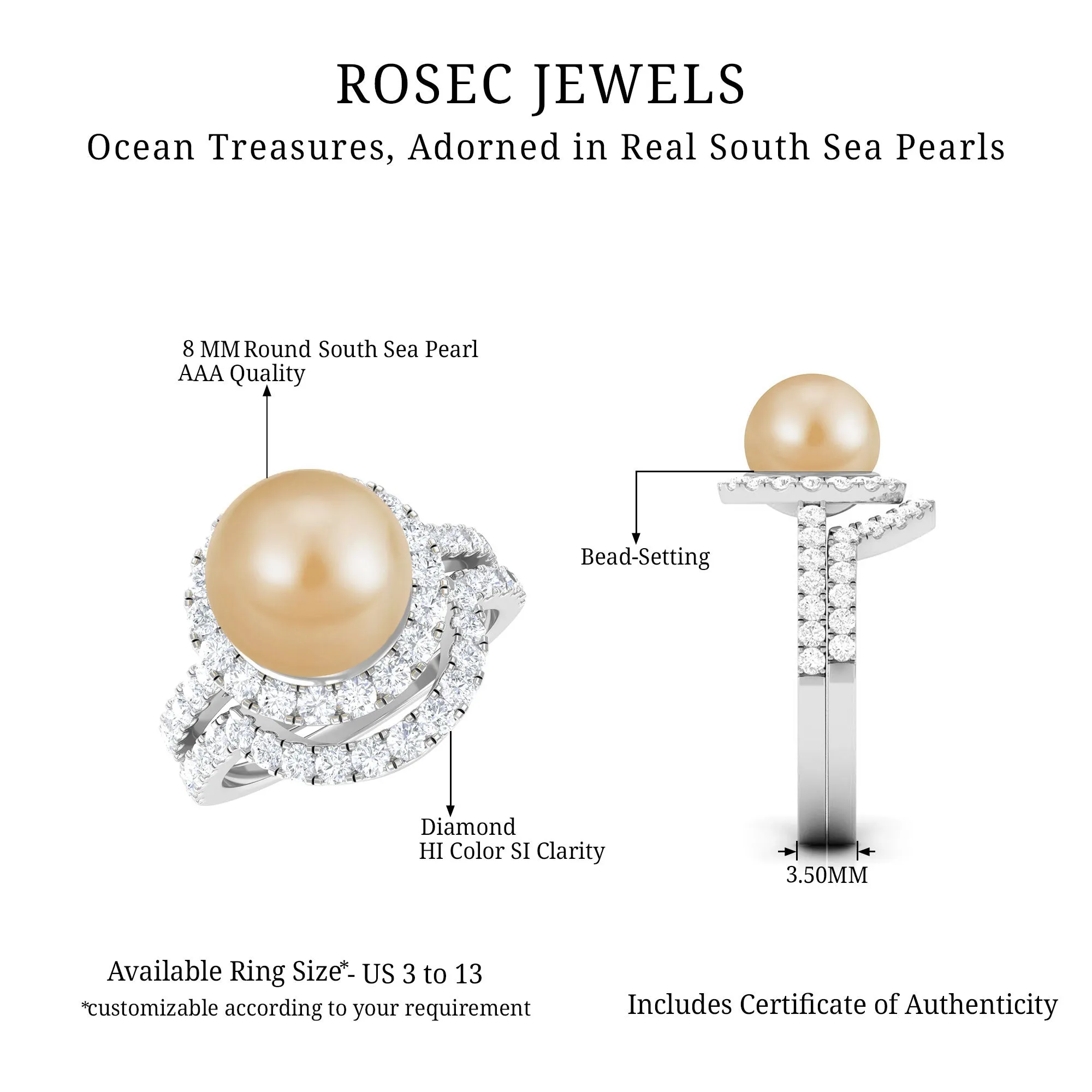 South Sea Pearl and Diamond Halo Wedding Ring Set