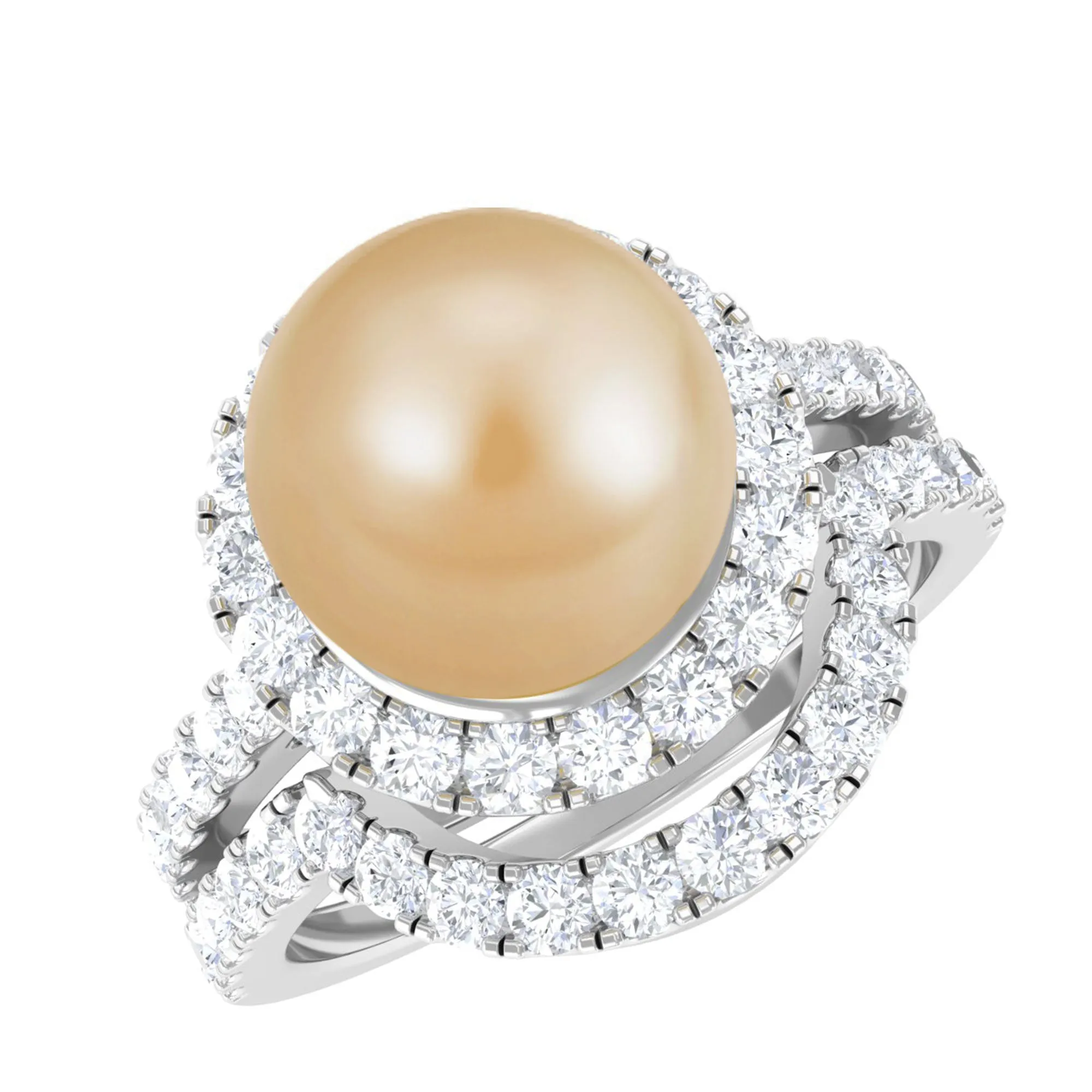 South Sea Pearl and Diamond Halo Wedding Ring Set