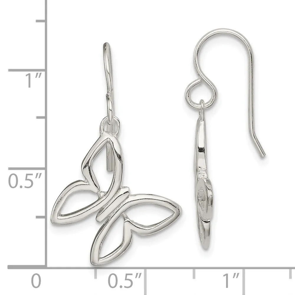 Sterling Silver Butterfly Shepherd Hook Dangle Earrings