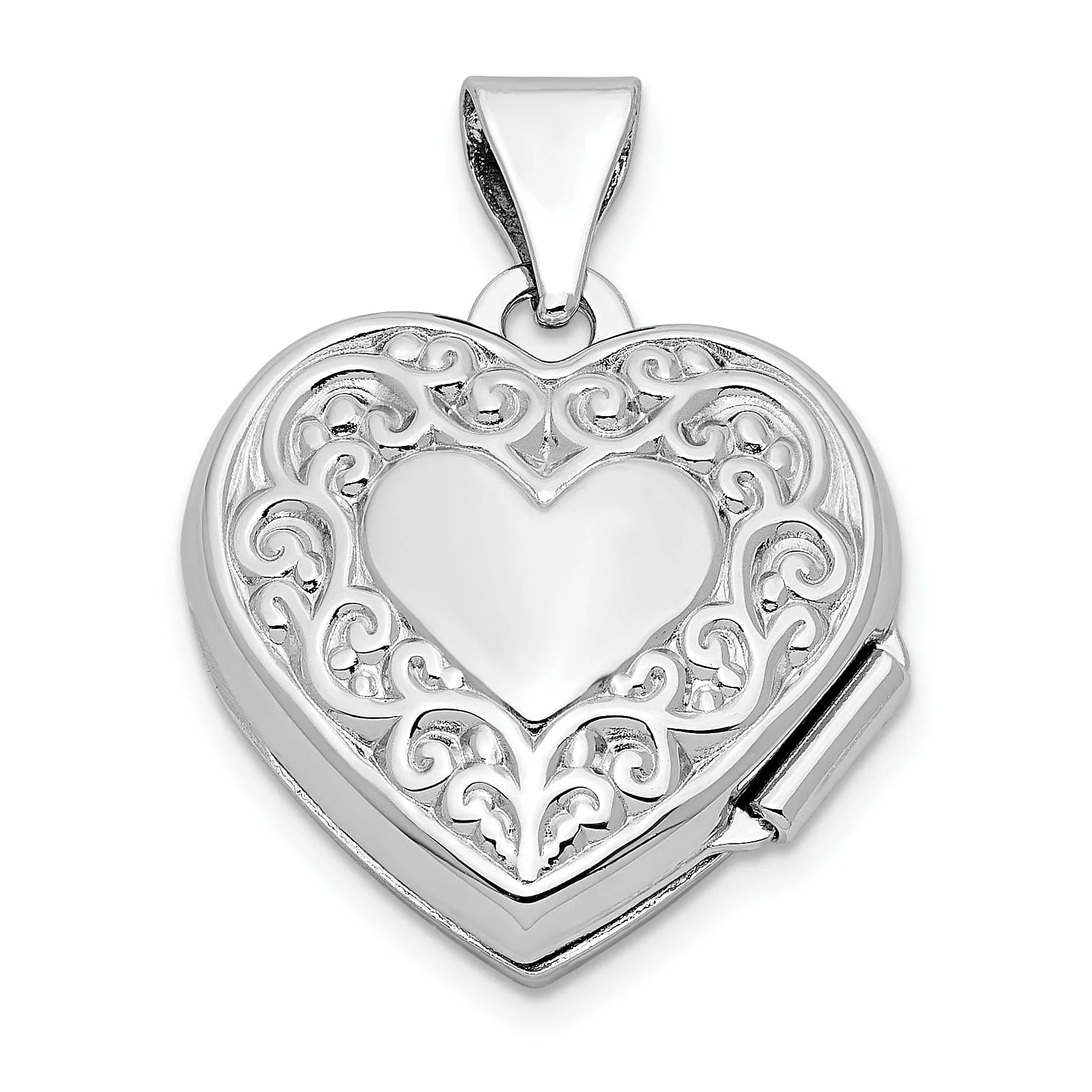 Sterling Silver Rhod-plated Scroll Design Front and Back 15mm Heart Locket