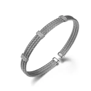 Sterling Silver Three CZ Bar Triple Mesh Flex Cuff Bracelet (SI5315)