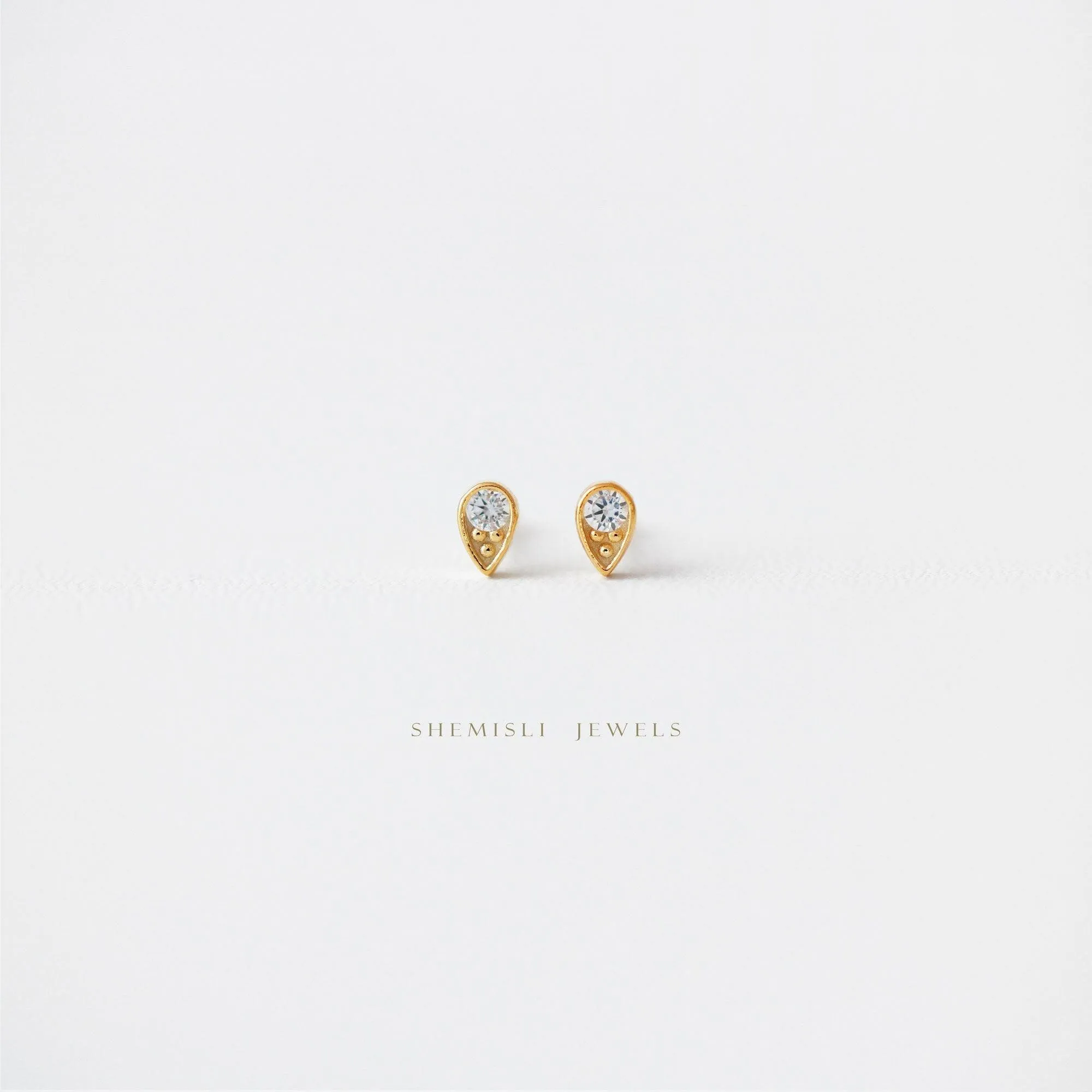 Tiny CZ stone Teardrop Studs, Gold, Silver SHEMISLI - SS140