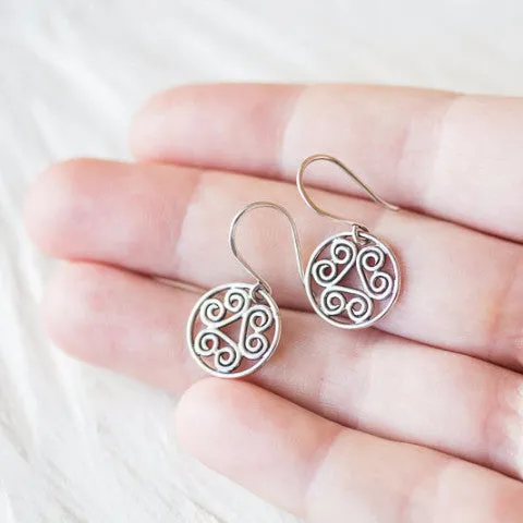 Tiny Spiral Medallion Earrings, Short silver dangles