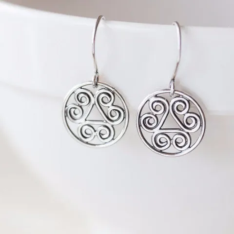 Tiny Spiral Medallion Earrings, Short silver dangles