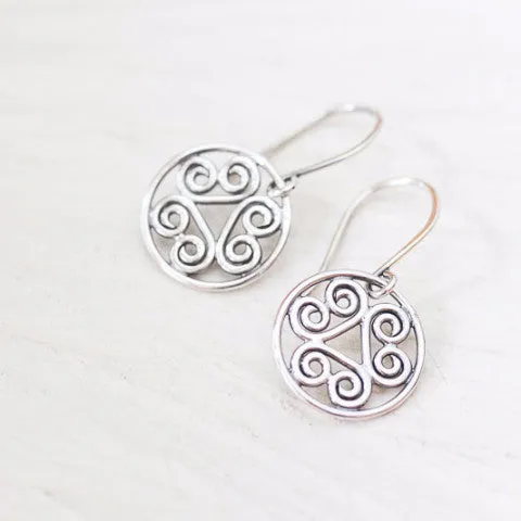 Tiny Spiral Medallion Earrings, Short silver dangles