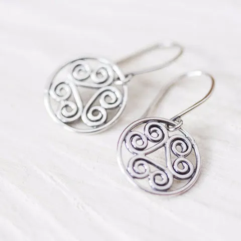 Tiny Spiral Medallion Earrings, Short silver dangles