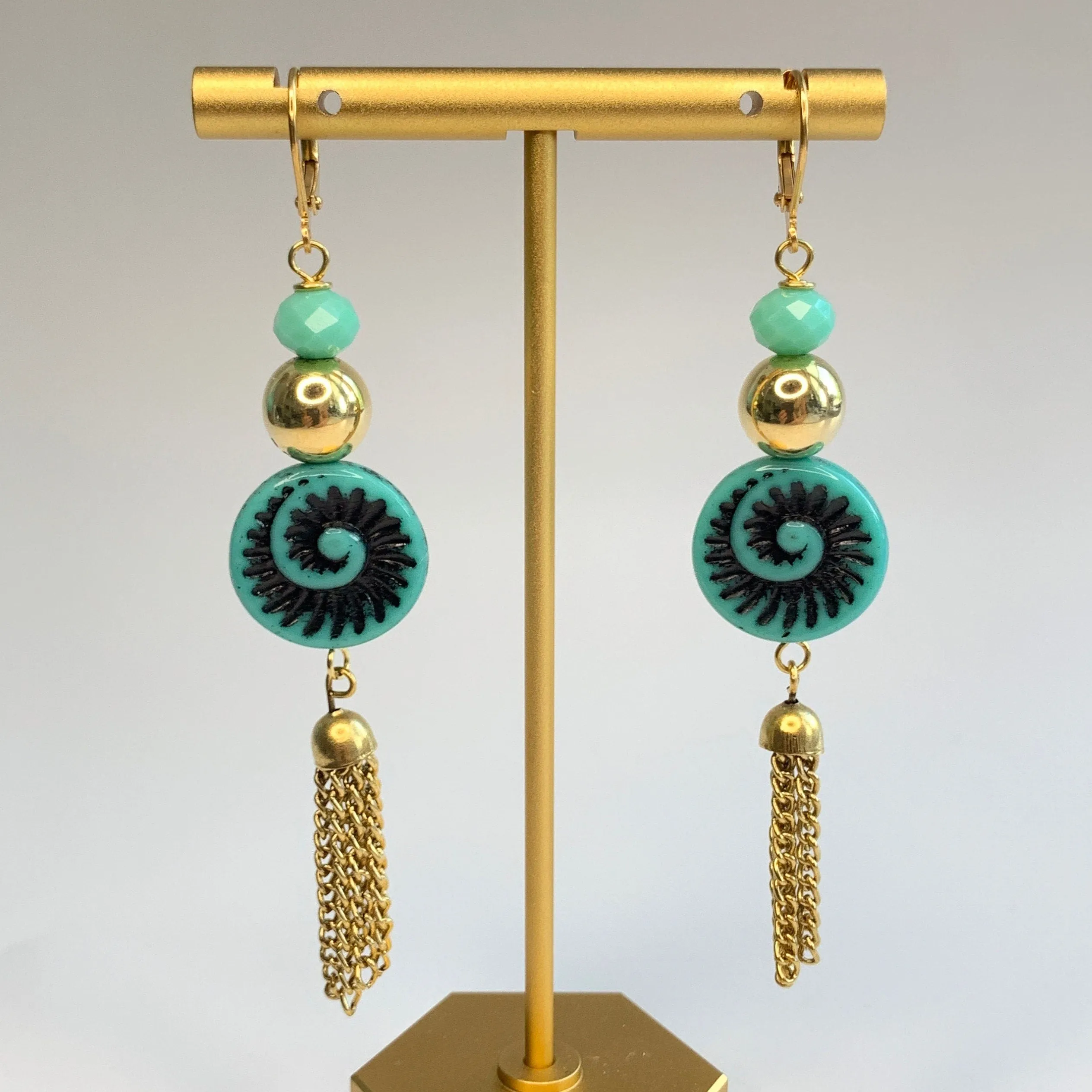 Turquoise Czech Glass Ammonite Earrings