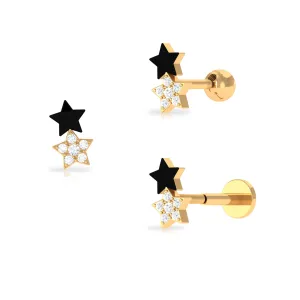 Unique Diamond Star Cartilage Earring with Black Enamel