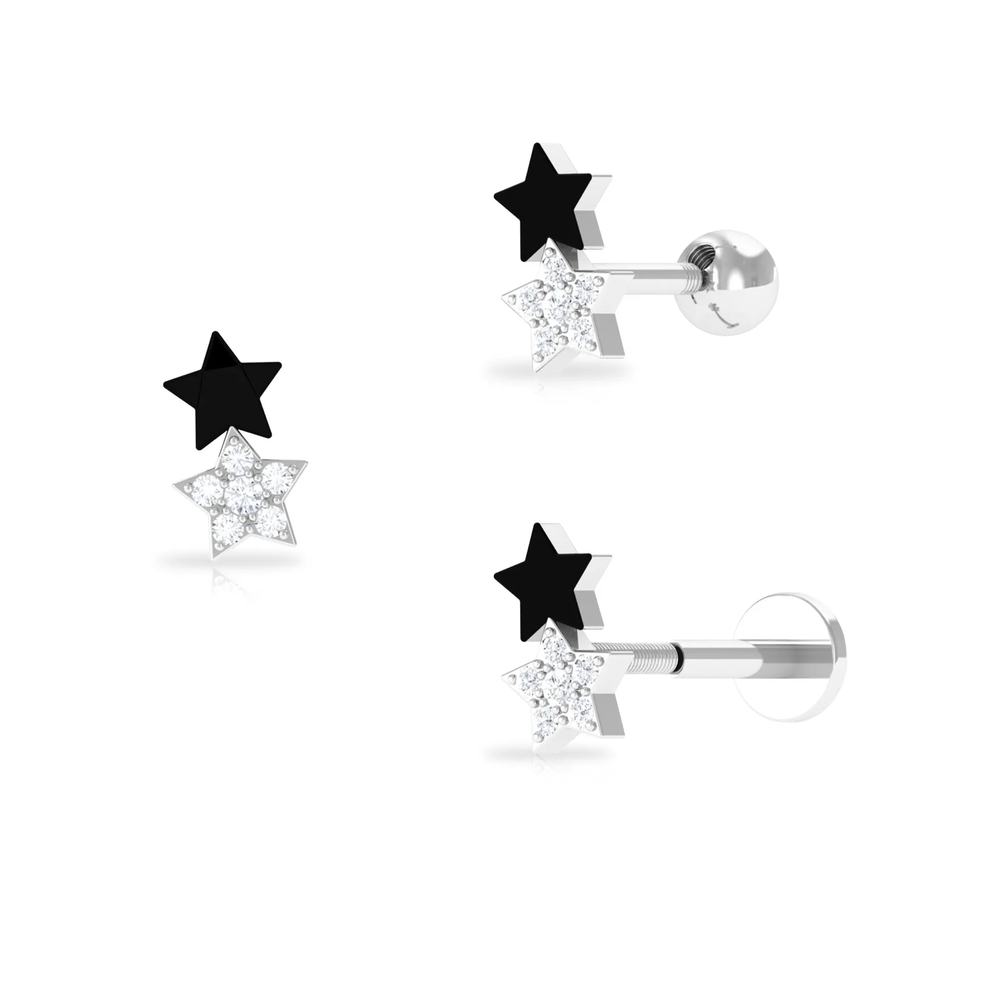 Unique Diamond Star Cartilage Earring with Black Enamel