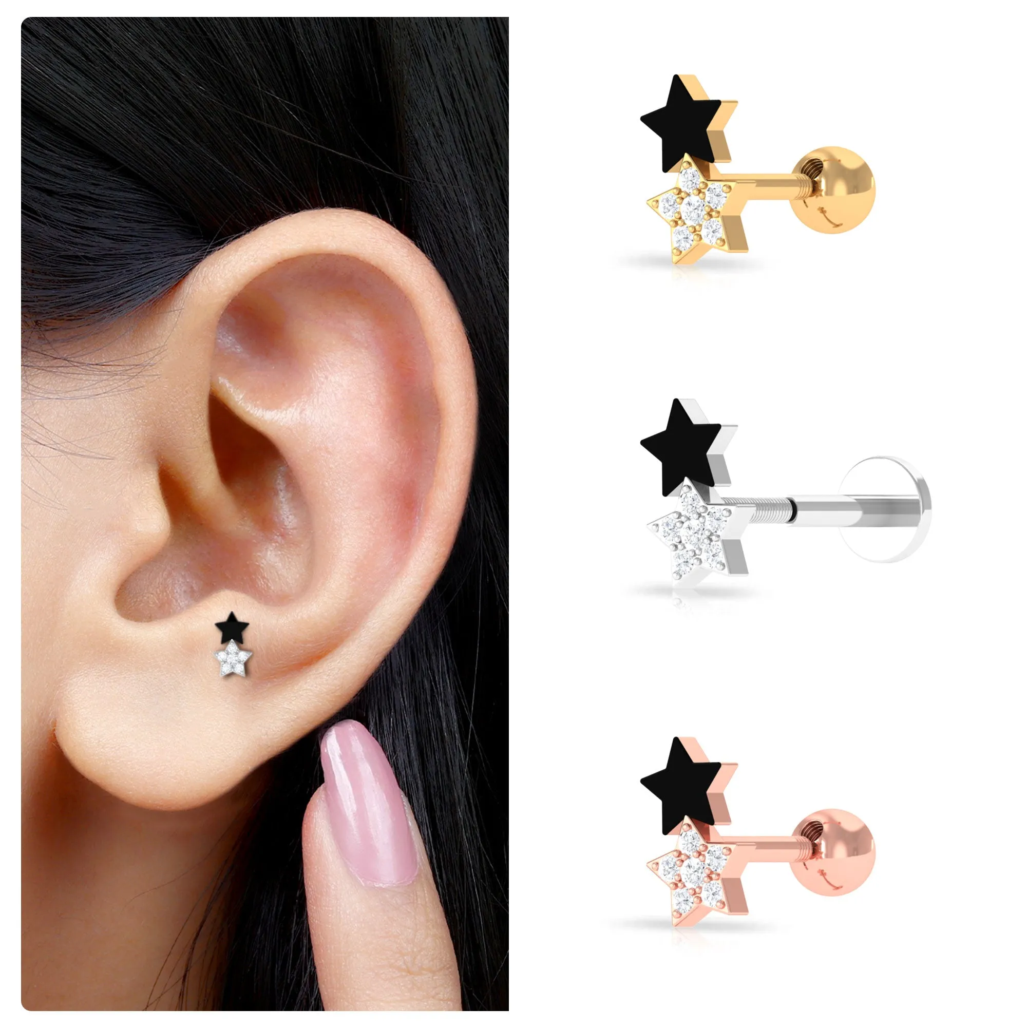 Unique Diamond Star Cartilage Earring with Black Enamel