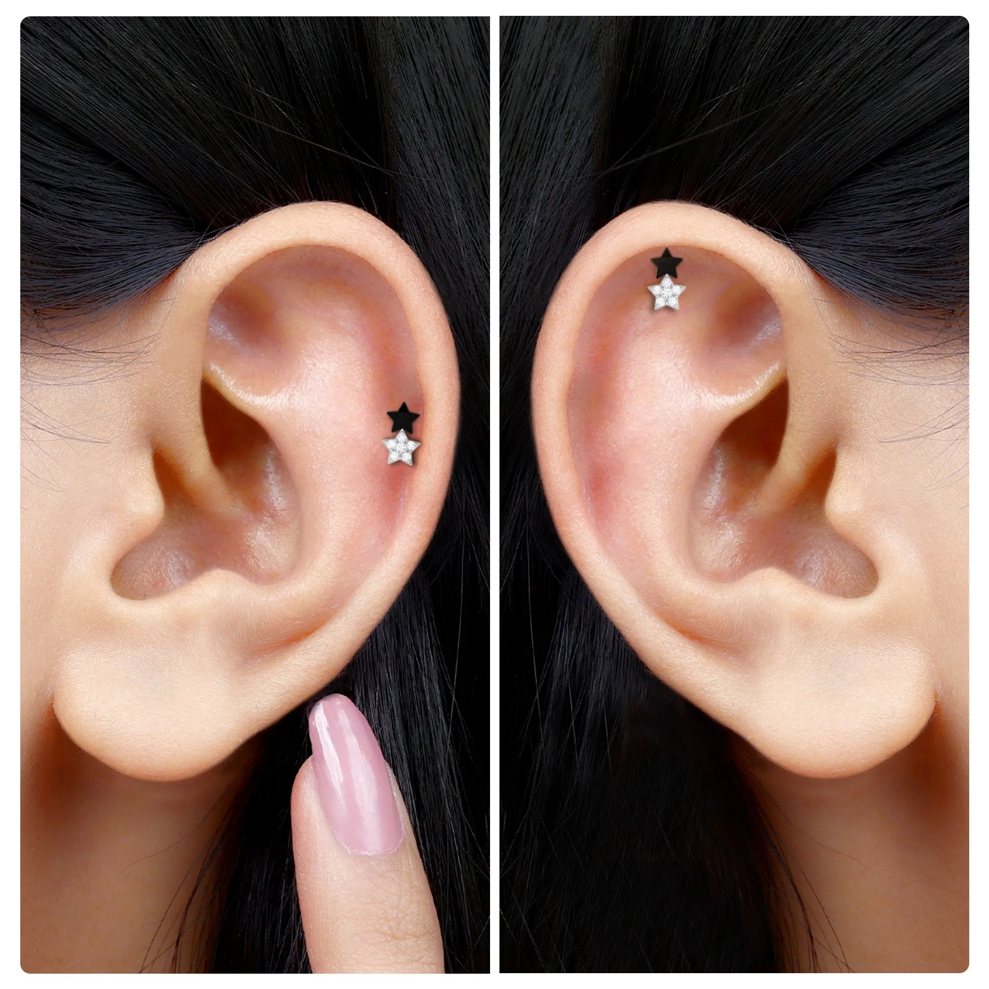 Unique Diamond Star Cartilage Earring with Black Enamel