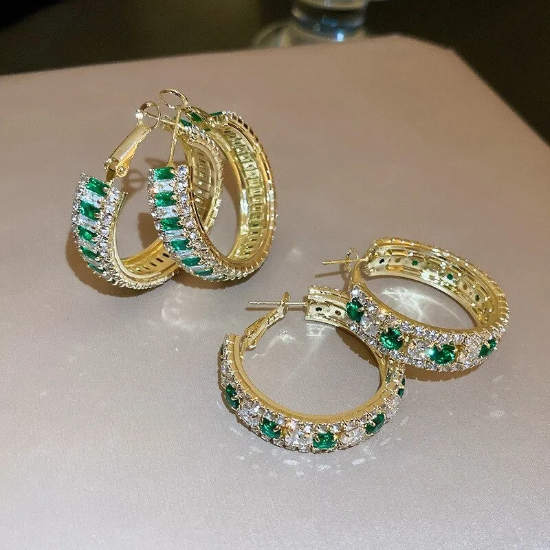 Vibrant Green Emerald-Inspired Zircon Hoop Earrings