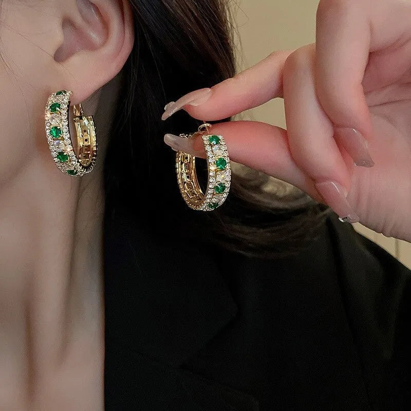 Vibrant Green Emerald-Inspired Zircon Hoop Earrings